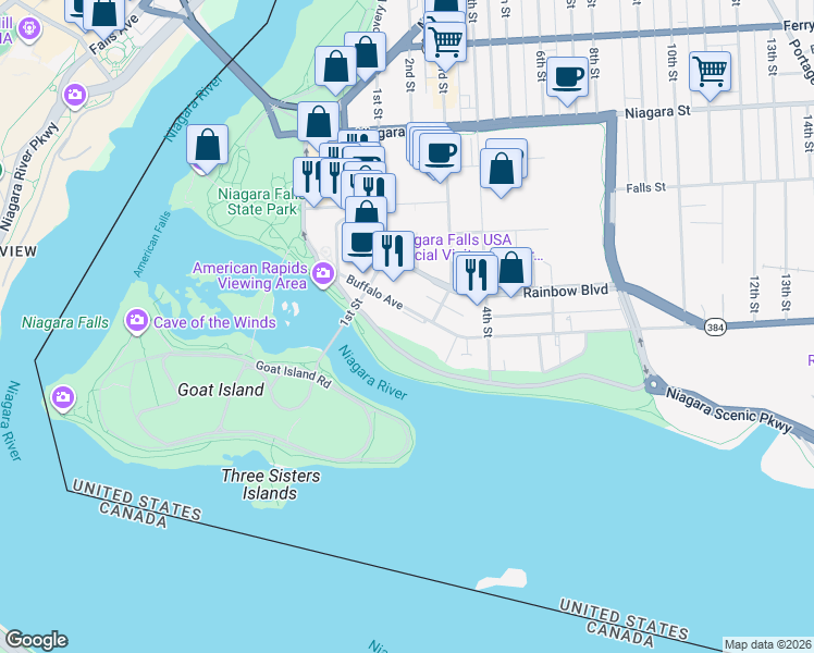 map of restaurants, bars, coffee shops, grocery stores, and more near 215 Buffalo Avenue in Niagara Falls