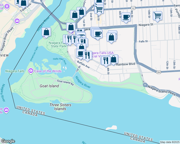map of restaurants, bars, coffee shops, grocery stores, and more near 215 Buffalo Avenue in Niagara Falls