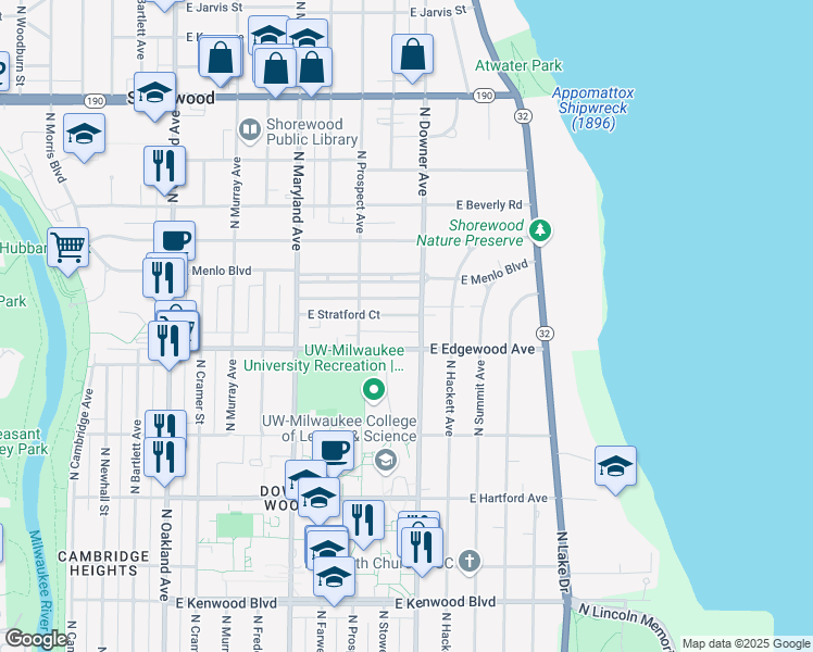map of restaurants, bars, coffee shops, grocery stores, and more near in Whitefish Bay