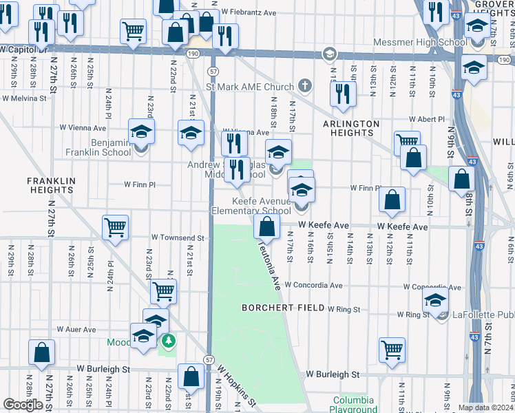 map of restaurants, bars, coffee shops, grocery stores, and more near 3556 North 19th Street in Milwaukee
