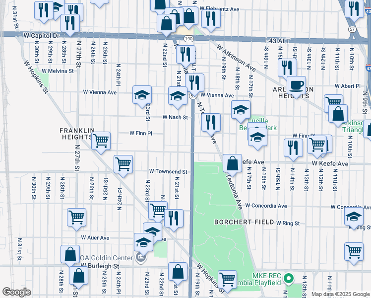 map of restaurants, bars, coffee shops, grocery stores, and more near 3525 North 20th Street in Milwaukee