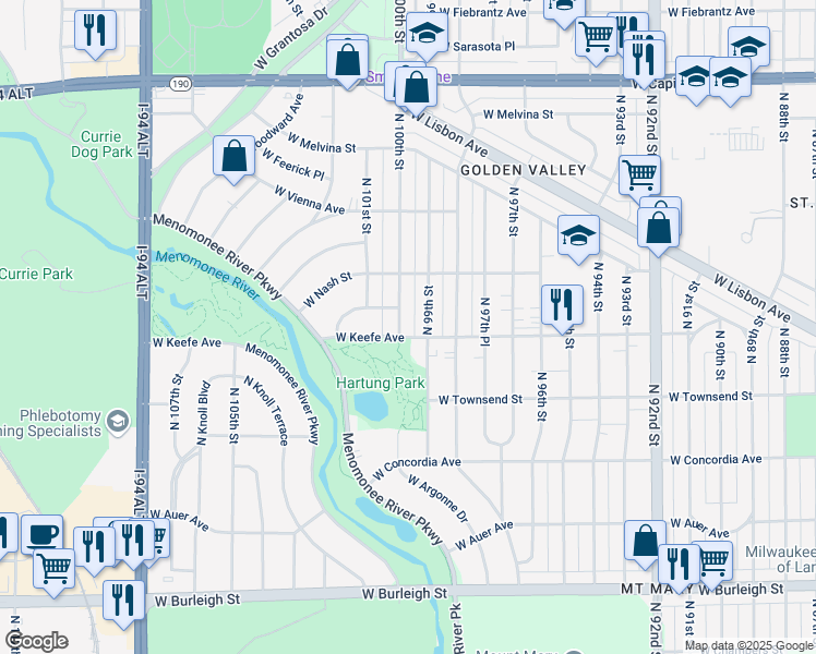 map of restaurants, bars, coffee shops, grocery stores, and more near 10009 West Highwood Avenue in Milwaukee
