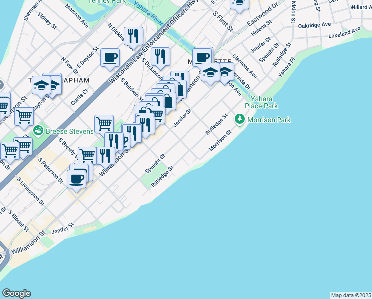 map of restaurants, bars, coffee shops, grocery stores, and more near 1257 Spaight Street in Madison