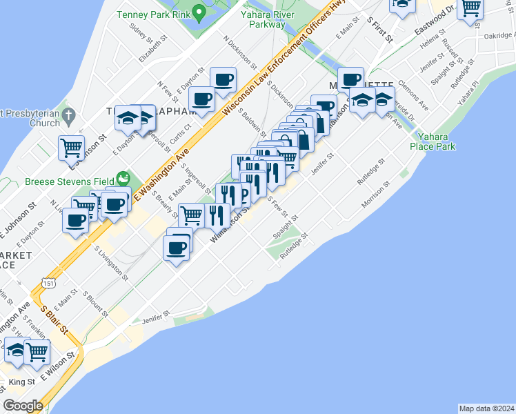 map of restaurants, bars, coffee shops, grocery stores, and more near 405 South Few Street in Madison