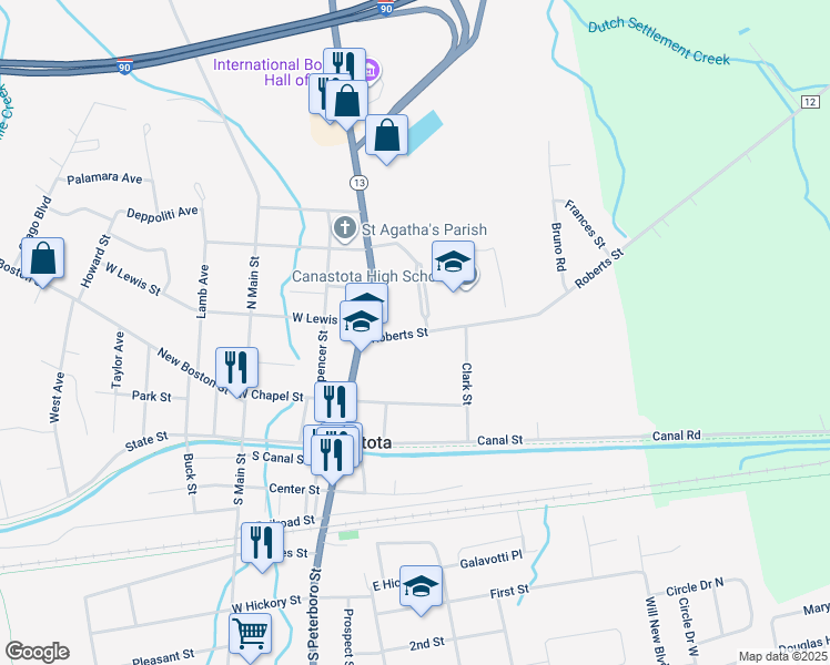 map of restaurants, bars, coffee shops, grocery stores, and more near 120 Roberts Street in Canastota