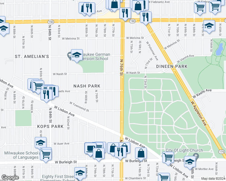 map of restaurants, bars, coffee shops, grocery stores, and more near W Keefe Ave & N 77th St in Milwaukee