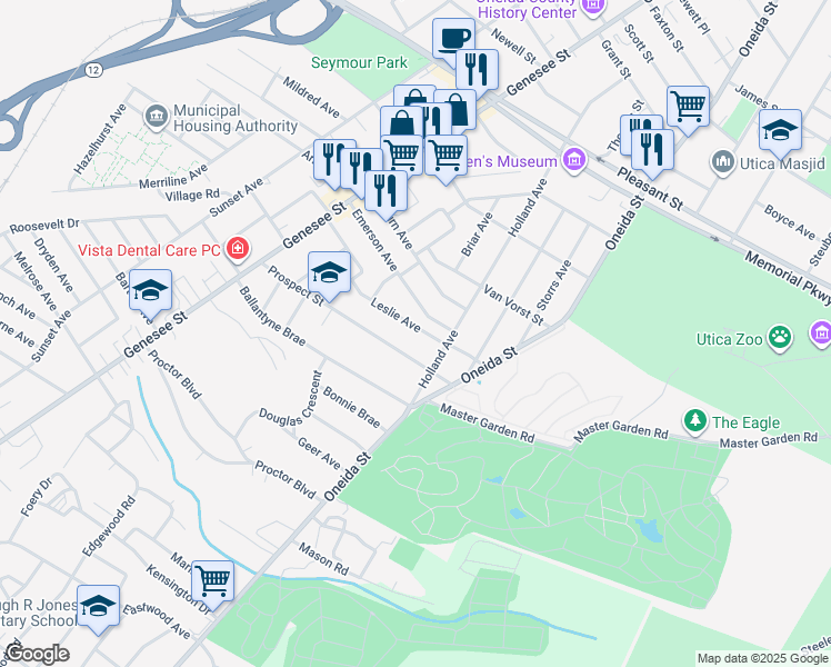 map of restaurants, bars, coffee shops, grocery stores, and more near 43 Leslie Avenue in Utica