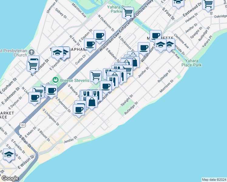 map of restaurants, bars, coffee shops, grocery stores, and more near 1135 Williamson Street in Madison