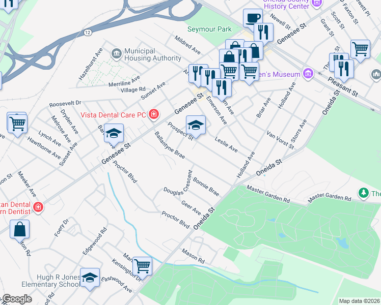 map of restaurants, bars, coffee shops, grocery stores, and more near 24 Prospect Street in Utica