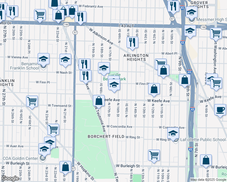 map of restaurants, bars, coffee shops, grocery stores, and more near 1618 West Keefe Avenue in Milwaukee