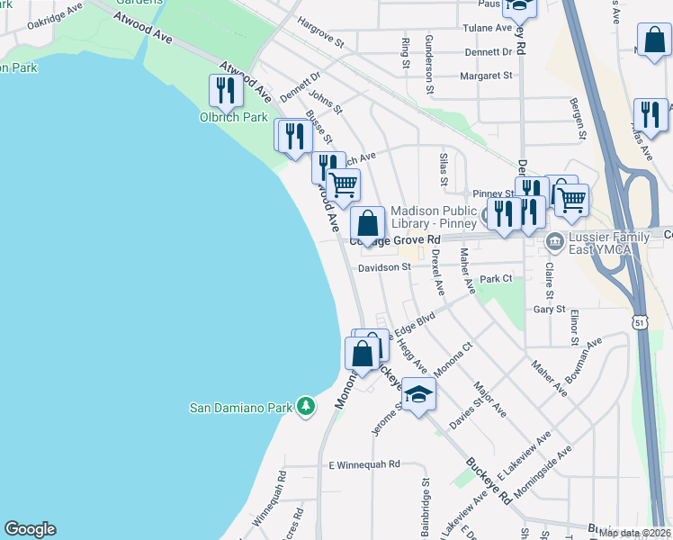 map of restaurants, bars, coffee shops, grocery stores, and more near 3939 Monona Drive in Monona