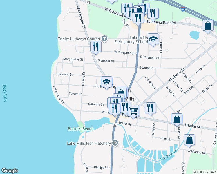 map of restaurants, bars, coffee shops, grocery stores, and more near 318 College Street in Lake Mills