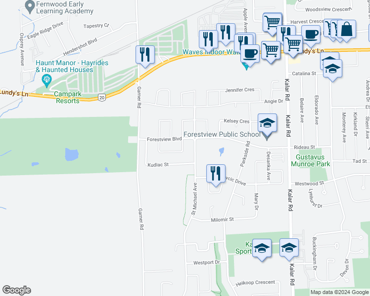 map of restaurants, bars, coffee shops, grocery stores, and more near 6488 Sebastian Crescent in Niagara Falls