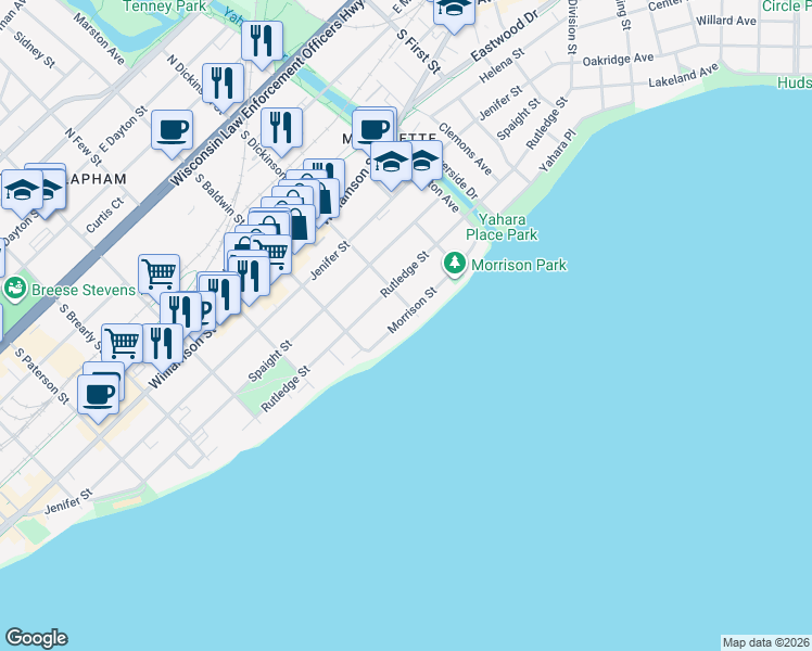 map of restaurants, bars, coffee shops, grocery stores, and more near 1341 Morrison Street in Madison