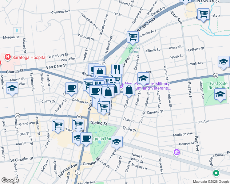 map of restaurants, bars, coffee shops, grocery stores, and more near 59 Lake Avenue in Saratoga Springs