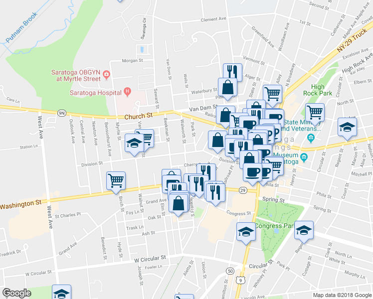 map of restaurants, bars, coffee shops, grocery stores, and more near 65 Walworth Street in Saratoga Springs