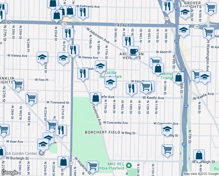 map of restaurants, bars, coffee shops, grocery stores, and more near 1618 West Keefe Avenue in Milwaukee