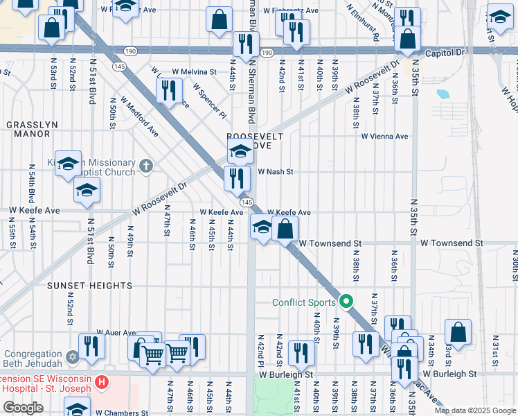 map of restaurants, bars, coffee shops, grocery stores, and more near 4301 Wisconsin 145 in Milwaukee