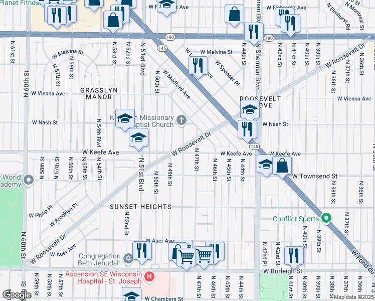 map of restaurants, bars, coffee shops, grocery stores, and more near 3504 North 48th Street in Milwaukee