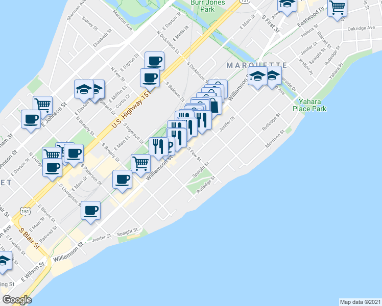 map of restaurants, bars, coffee shops, grocery stores, and more near 405 South Few Street in Madison