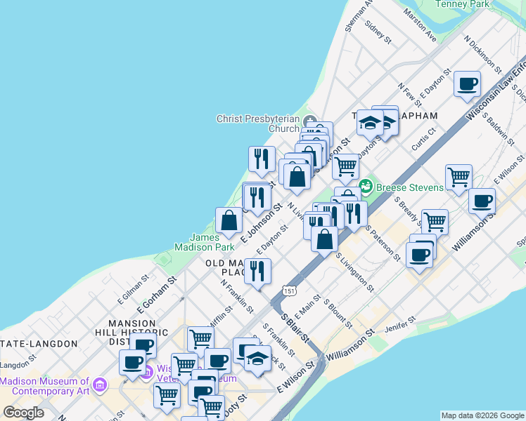 map of restaurants, bars, coffee shops, grocery stores, and more near 736 East Johnson Street in Madison