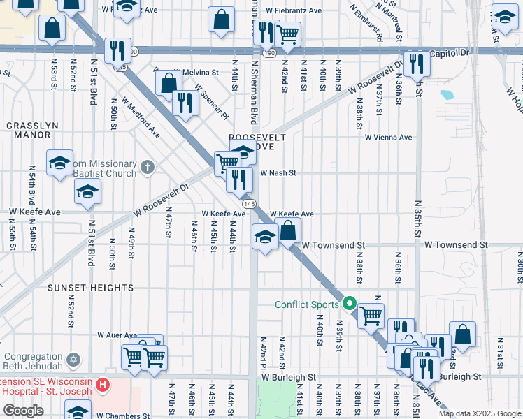 map of restaurants, bars, coffee shops, grocery stores, and more near 4301 Wisconsin 145 in Milwaukee