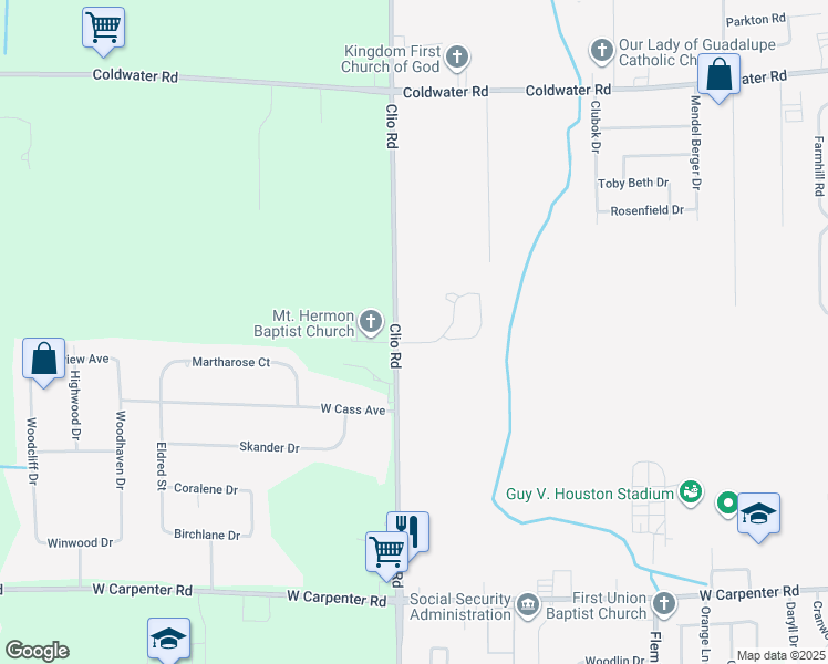 map of restaurants, bars, coffee shops, grocery stores, and more near 528 Cedarshores Boulevard in Flint