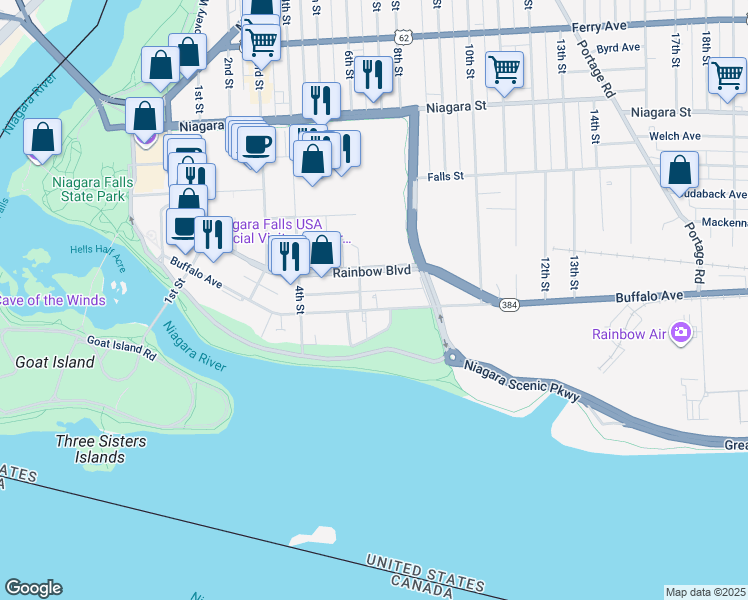 map of restaurants, bars, coffee shops, grocery stores, and more near 610 Buffalo Avenue in Niagara Falls