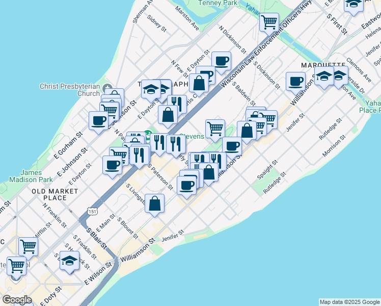 map of restaurants, bars, coffee shops, grocery stores, and more near 1011 East Main Street in Madison