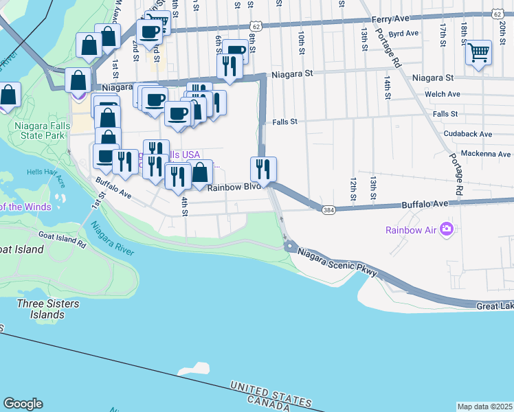 map of restaurants, bars, coffee shops, grocery stores, and more near 720 Buffalo Avenue in Niagara Falls