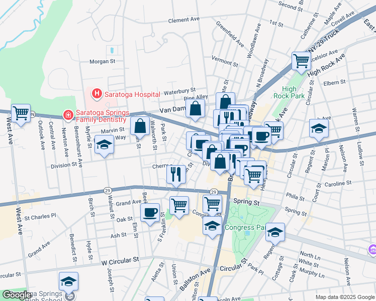 map of restaurants, bars, coffee shops, grocery stores, and more near 14 Thomas Street in Saratoga Springs