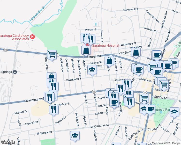 map of restaurants, bars, coffee shops, grocery stores, and more near 29 North Van Rensselaer Street in Saratoga Springs
