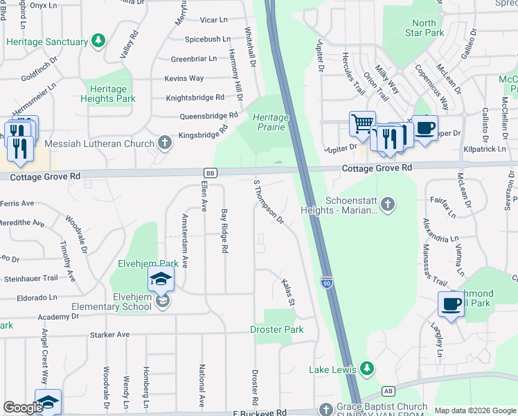 map of restaurants, bars, coffee shops, grocery stores, and more near 1101 South Thompson Drive in Madison