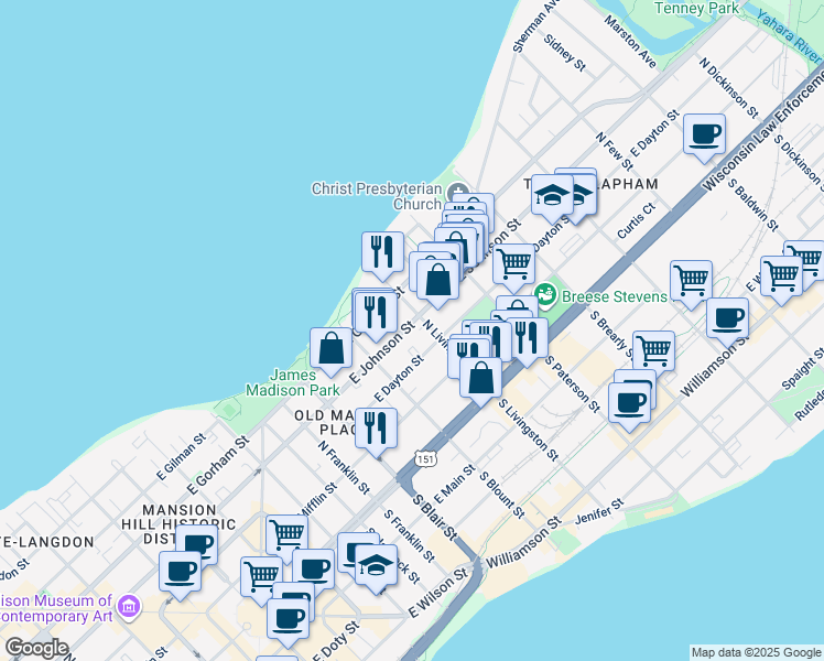 map of restaurants, bars, coffee shops, grocery stores, and more near 743 East Johnson Street in Madison