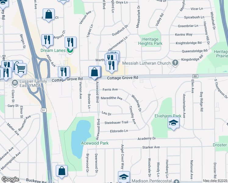 map of restaurants, bars, coffee shops, grocery stores, and more near 4709 Ferris Avenue in Madison