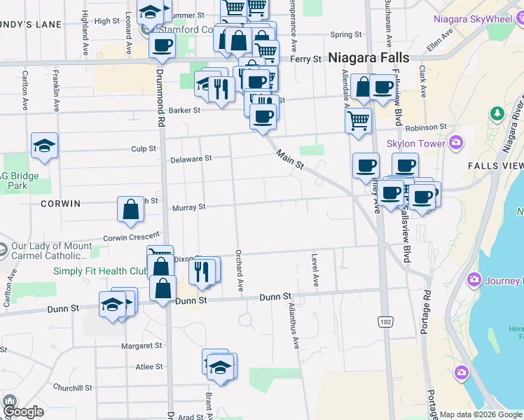 map of restaurants, bars, coffee shops, grocery stores, and more near in Niagara Falls