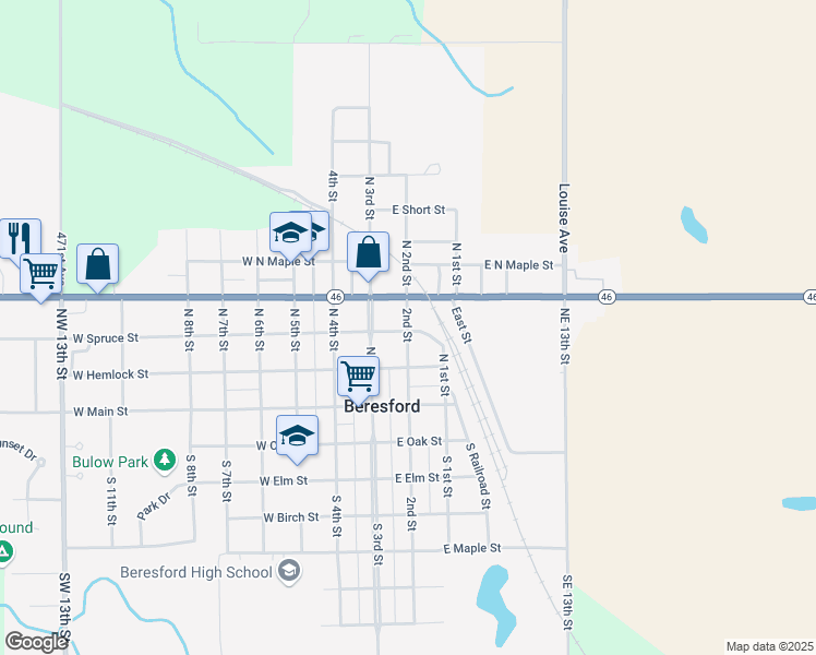 map of restaurants, bars, coffee shops, grocery stores, and more near 304 North 2nd Street in Beresford