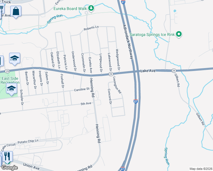 map of restaurants, bars, coffee shops, grocery stores, and more near 7 Concord Drive in Saratoga Springs