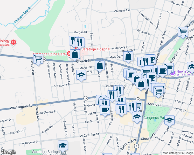 map of restaurants, bars, coffee shops, grocery stores, and more near 183 Beekman Street in Saratoga Springs