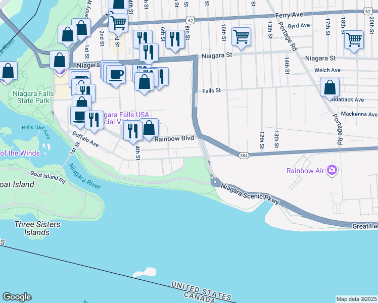 map of restaurants, bars, coffee shops, grocery stores, and more near 720 Buffalo Avenue in Niagara Falls