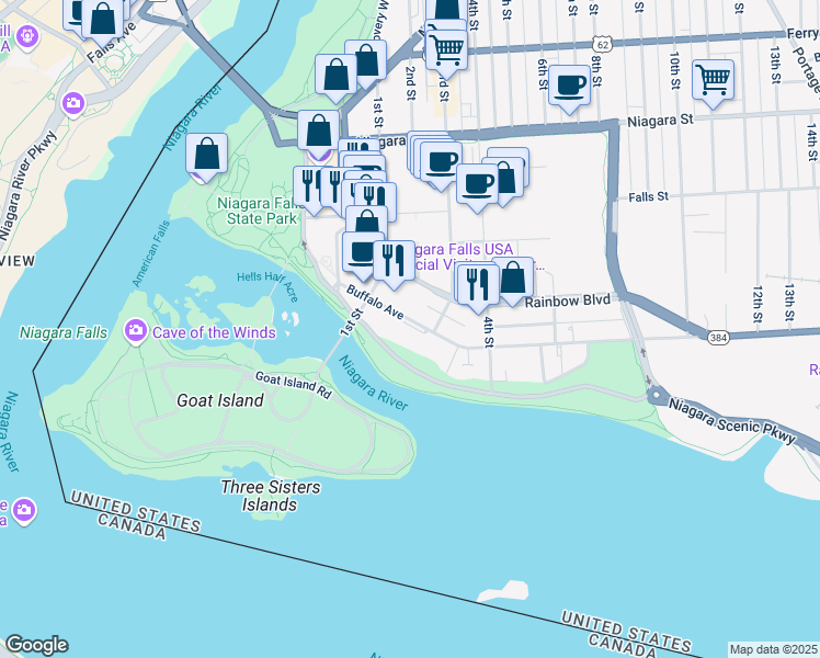 map of restaurants, bars, coffee shops, grocery stores, and more near 215 Buffalo Avenue in Niagara Falls