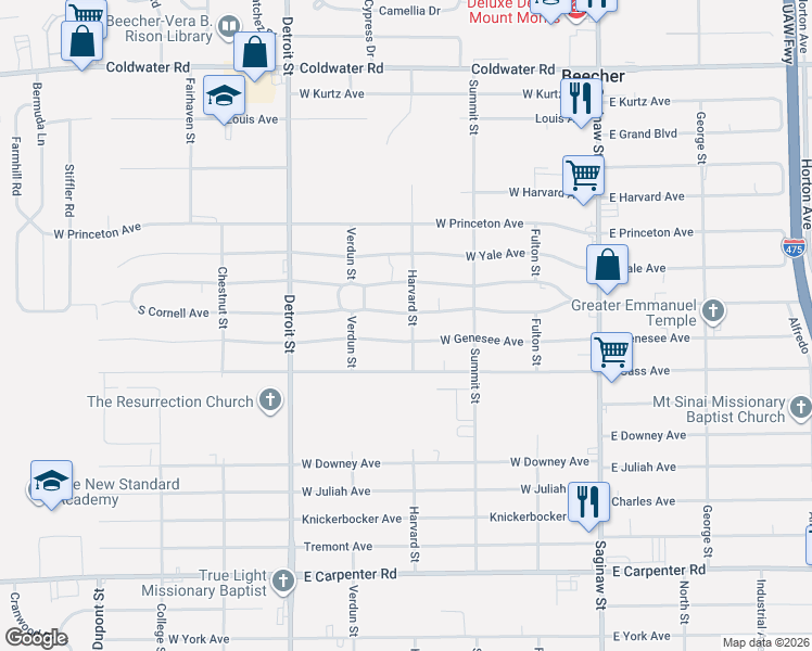 map of restaurants, bars, coffee shops, grocery stores, and more near 1191 South Cornell Avenue in Flint