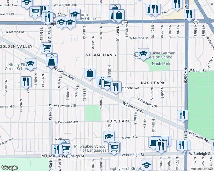 map of restaurants, bars, coffee shops, grocery stores, and more near 3522 North 85th Street in Milwaukee