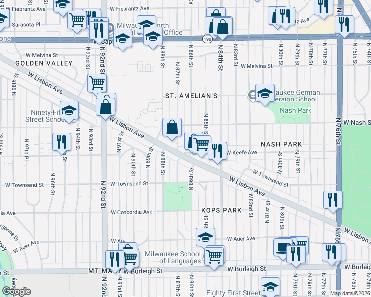 map of restaurants, bars, coffee shops, grocery stores, and more near 3520 North 86th Street in Milwaukee