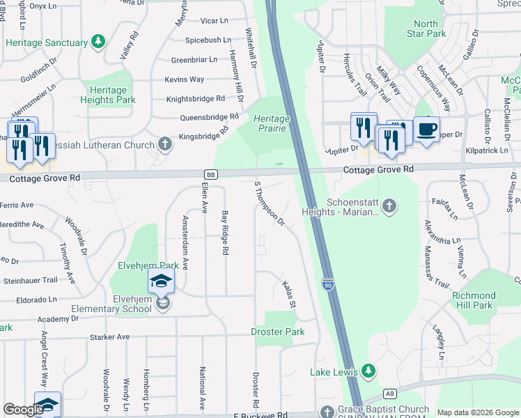 map of restaurants, bars, coffee shops, grocery stores, and more near 1101 South Thompson Drive in Madison