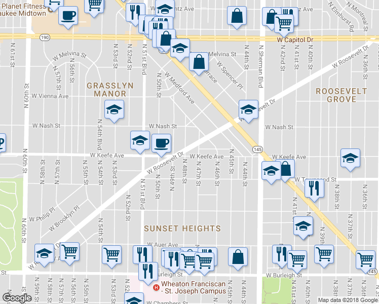 map of restaurants, bars, coffee shops, grocery stores, and more near 3504 North 48th Street in Milwaukee