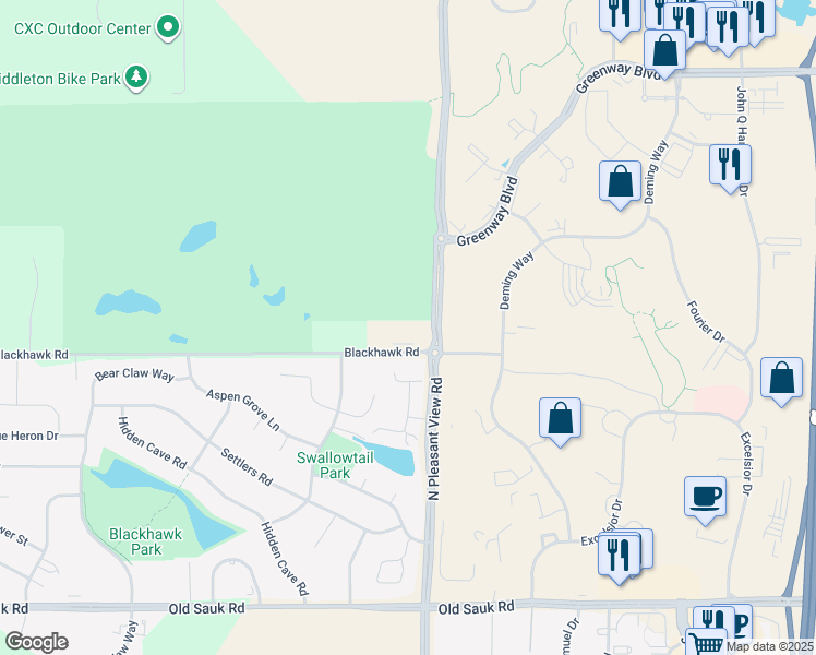 map of restaurants, bars, coffee shops, grocery stores, and more near 8850 Blackhawk Road in Middleton