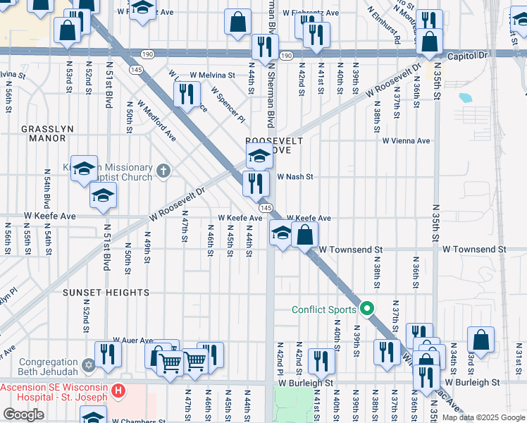 map of restaurants, bars, coffee shops, grocery stores, and more near 4301 Wisconsin 145 in Milwaukee