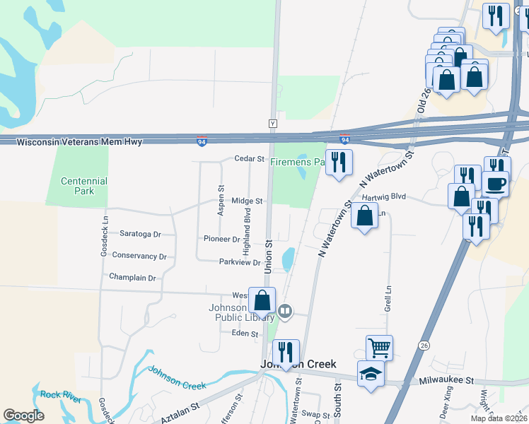 map of restaurants, bars, coffee shops, grocery stores, and more near 416 County Road Y in Johnson Creek
