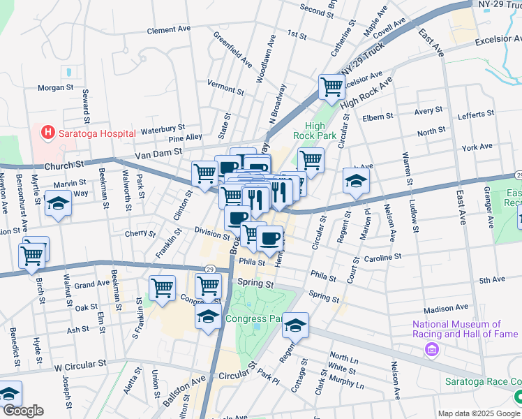 map of restaurants, bars, coffee shops, grocery stores, and more near 63 High Rock Avenue in Saratoga Springs
